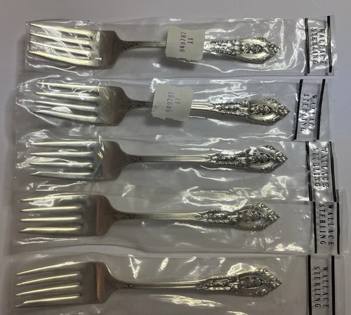 5 New Wallace Rose Point Sterling Silver Salad Forks 6-1/4” Long 180 Grams