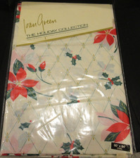 VINTAGE TABLECLOTH, JOAN GREEN, 60"x 84” OVAL, RED & GREEN HOLIDAY **NIP**