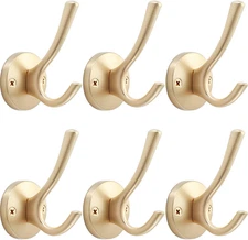 Gold Wall Hooks, 6 Pack Coat Robe Hook Heavy Duty Metal Double Bath Hook Wall Mo