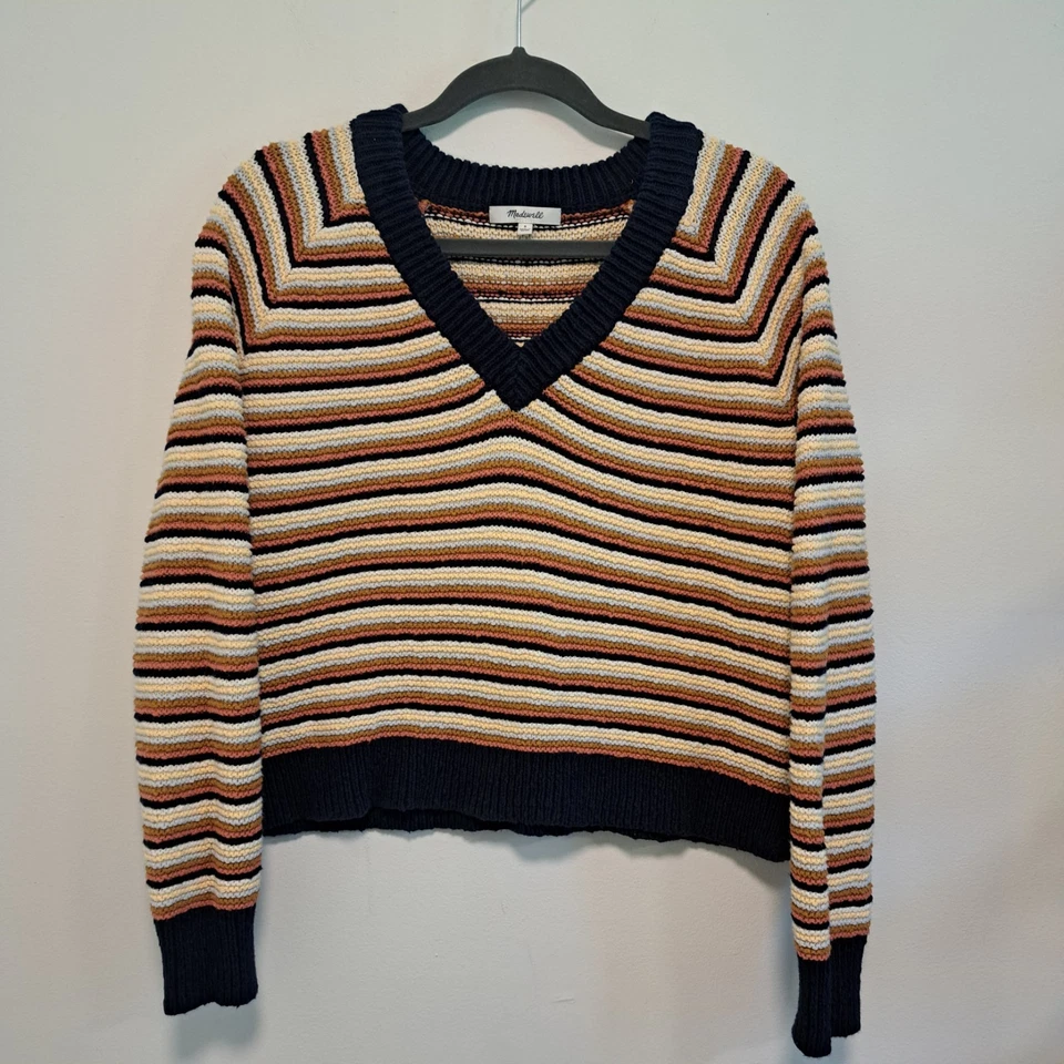 Suéter Pullover Recortado Cuello en V Madewell Arden Rayas Azul Marino Crema Talla S Foto 2 de 4