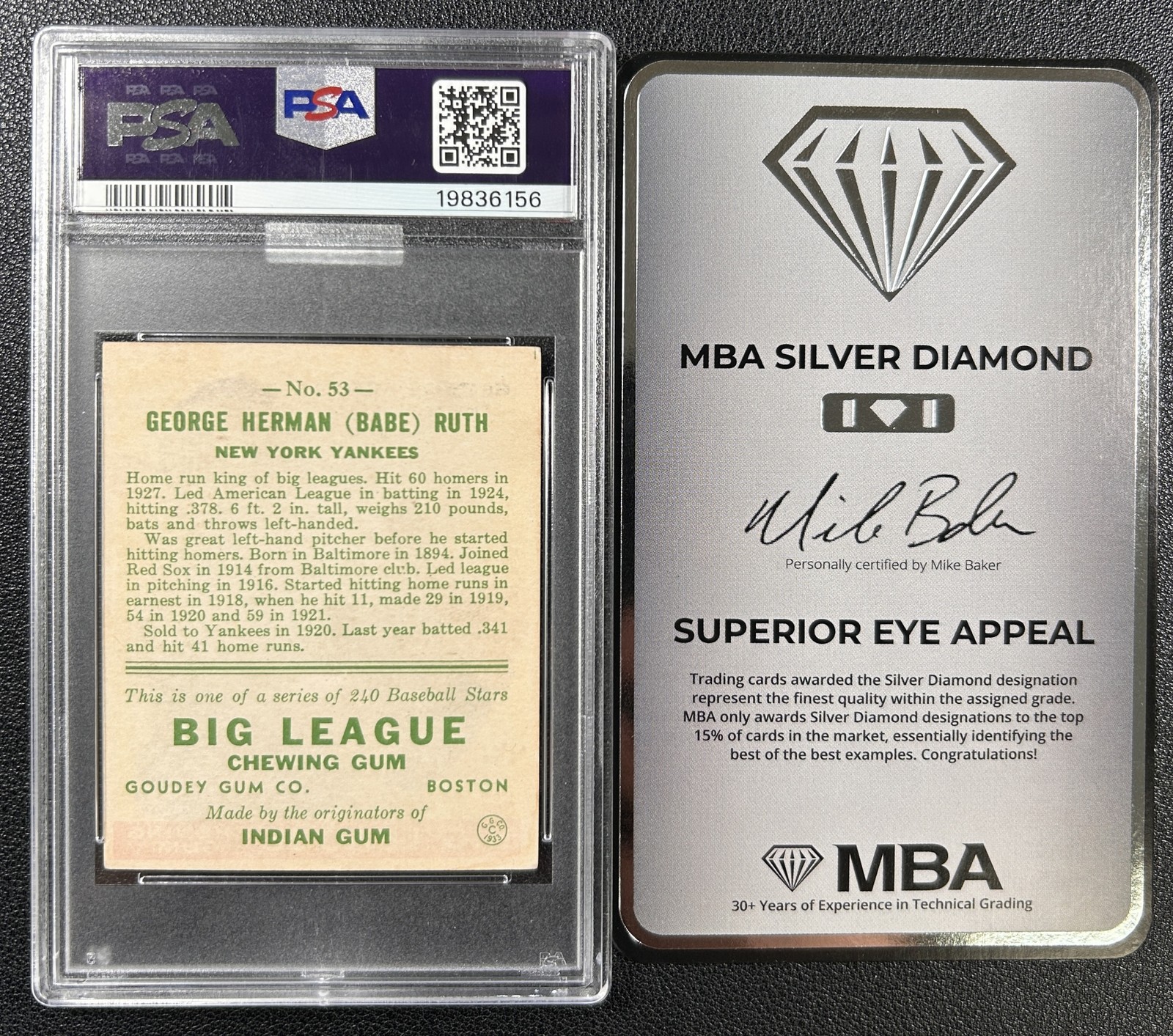 GEORGE HERMAN BABE RUTH PSA 4.5 1933 GOUDEY #53 MBA SILVER DIAMOND YANKEES 6156 view 2