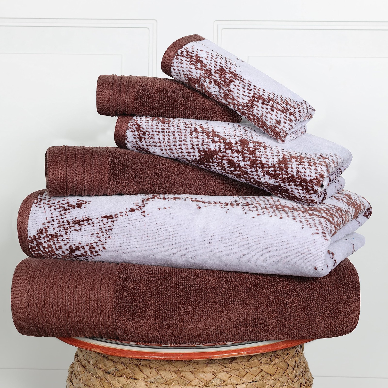 6-Piece Cotton Towel Set with 2 Bath, 2 Hand, and 2 Washcloths in Solid & Marble Colors