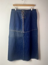 Carolina Blues Y2K Jean Maxi Skirt Frayed Tie Up Western Distressed Denim Sz 14