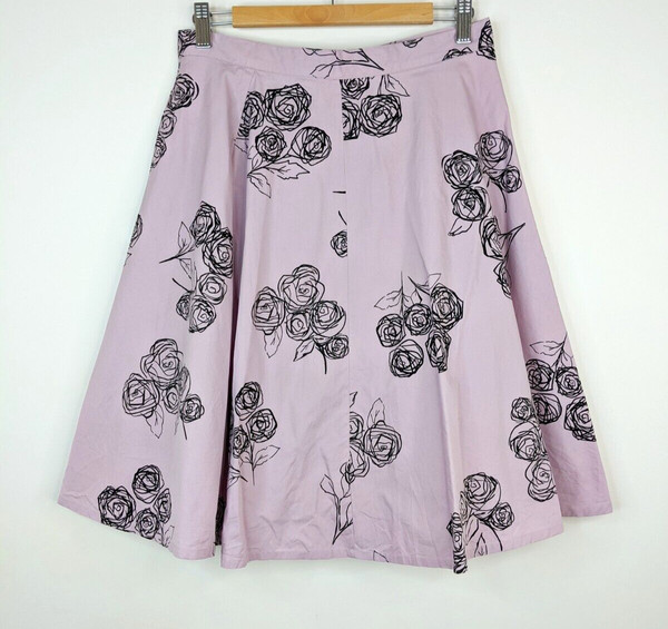 Vtg Women Circle Skirt Purple Black Floral Rose Retro Size 10 12 soft pastel