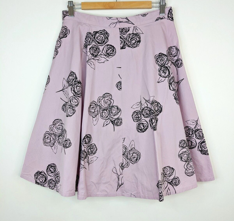 Vtg Women Circle Skirt Purple Black Floral Rose Retro Size 10 12 soft pastel