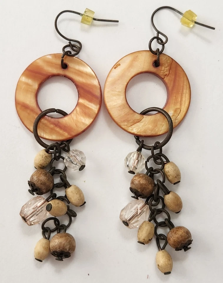 Lote de 4 pendientes perforados boho con cuentas aros colgantes madera vidrio piedra ratán pr Foto 4 de 4