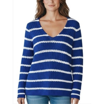 Banana Republic M Blue White Stripe V Neck Sweater Rib Knit Coastal Nautical