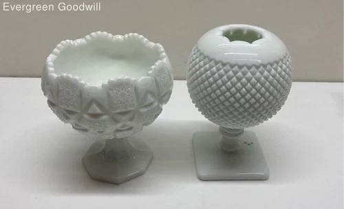 VTG Westmoreland English Hobnail milk glass crimped bowl and an ivy ball vase