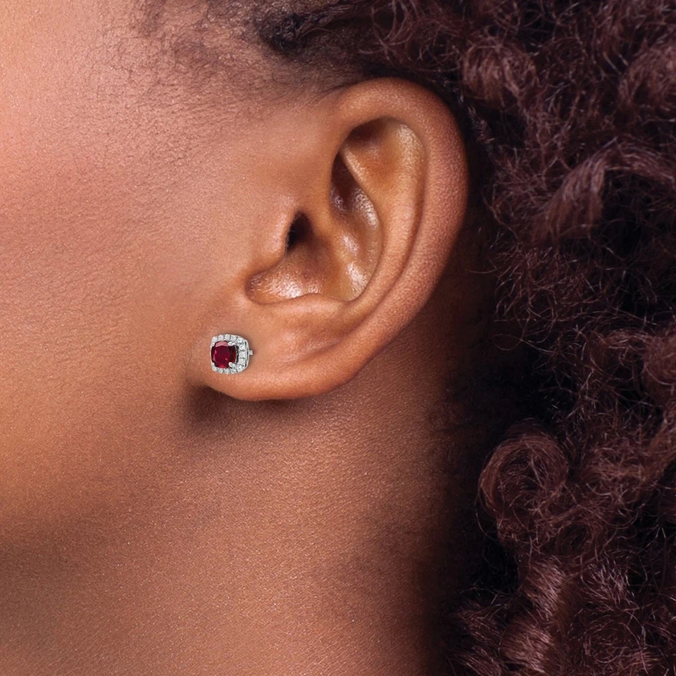 10k White Gold 1/10 Ct Lab Grown Diamond and Lab Created Ruby Halo Stud Earrings - Image 3 of 4
