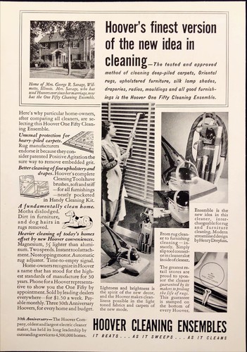 1937 Hoover Cleaning Ensembles Woman Vacuming Blinds Vintage Print Ad