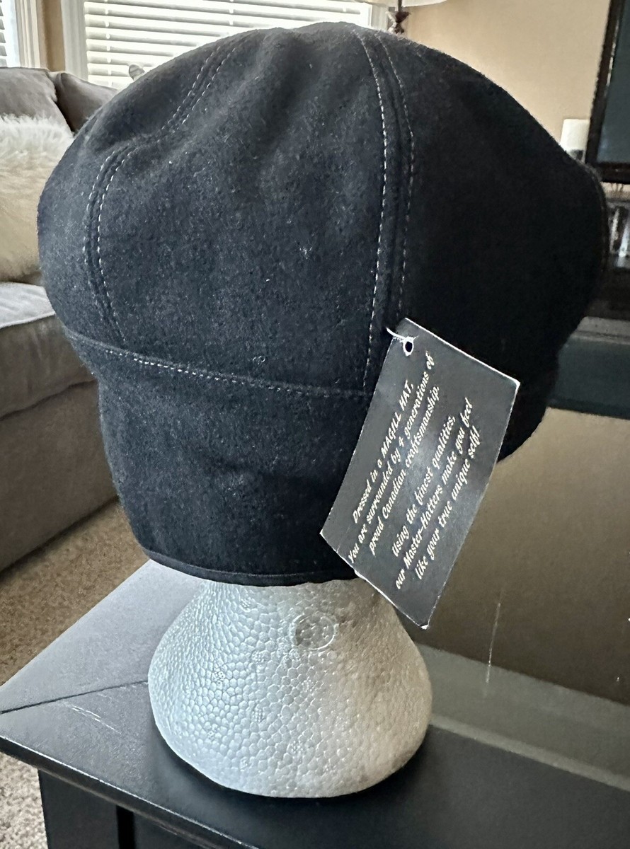 MAGILL Wool Black Newsboy Cap with Ear Flaps Made in Canada Sz Lg