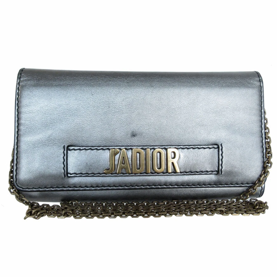 Auth Christian Dior Chaîne Portefeuille Argent/Cuir Doré/Métal S0504a