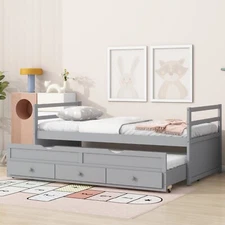 Twin Size DayBed Wood Platform Bed with Trundle & 3 Drawers White/Gray/Espresso