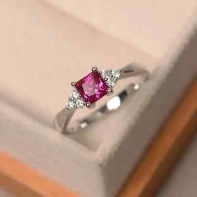 1.18 Ct Princess Cut Natural Ruby & Diamond Ring 14K Solid White Gold Size 5 6 7