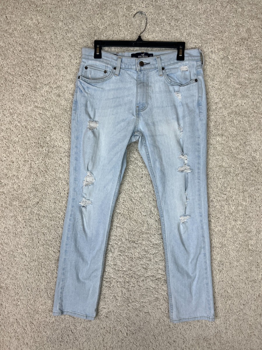 Hollister Jeans Mens 31x32 Light Wash Blue Denim Distressed Slim Straight  Flex