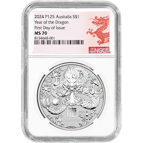 2024 PCGS MS-70　ドラゴン銀貨　2オンス 2024 Australia .9999 Silver Lunar Year of the Dragon NGC MS70 1oz