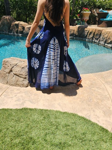 Maya Antonia Hand Tie-Dye IndigoBlue Stunning,Halter Maxi Dress/Free Waist/Flowy - Picture 7 of 7