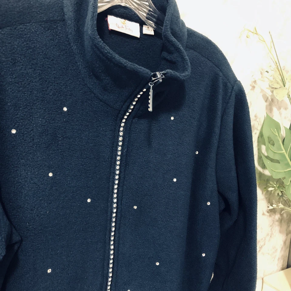 Quacker Factory Full Zip Jeweled Sweater Womens Size M Medium Navy Blue - Image 2 of 4