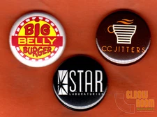 Set of three 1" Big Belly Burger Jitters Star Labs pins buttons  The Flash CW 