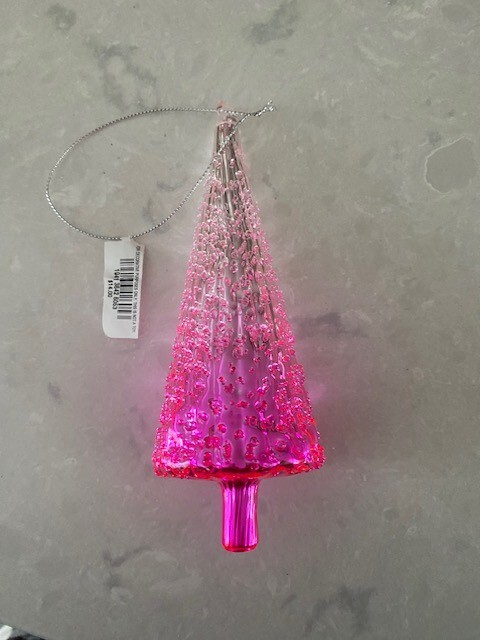 Holiday Lane Glass Cone Shaped Tree Ornament With White/Pink Ombré Glitter NWT