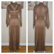 VTG 70s Wenjilli Copper Metallic Disco Slinky Knit Lurex Glitter Dress 9/10