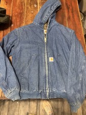 Vintage Carhartt Denim Hooded Blanket Lined Jacket Y07 DST Youth Size L READ