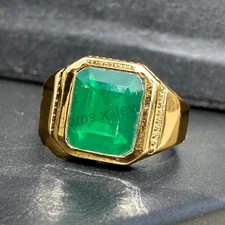 14k Solid Yellow Gold Men's Ring | Natural Emerald Gemstone Engagement Gift Ring