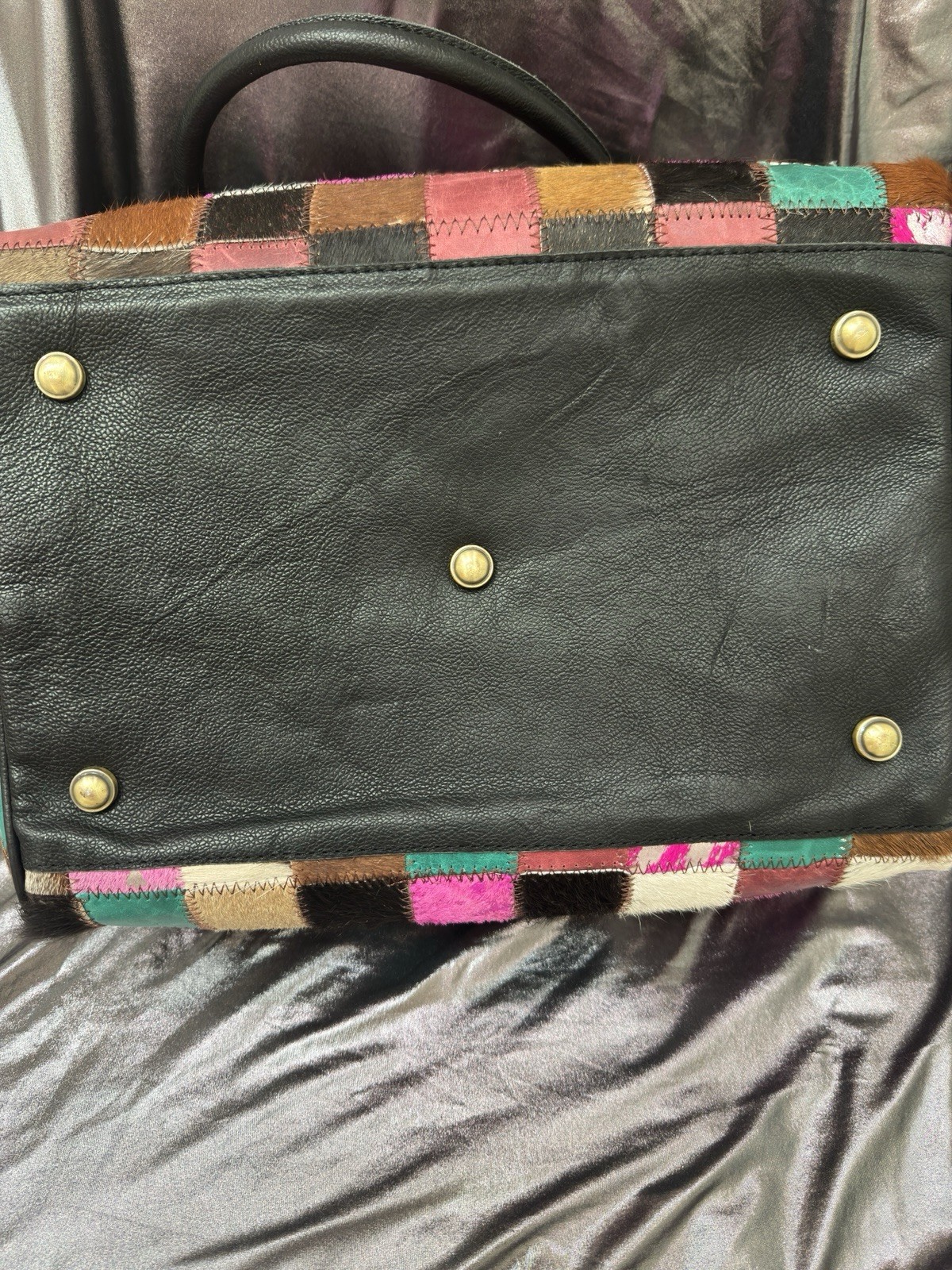 Cowhide Multicolor Patchwork Barrel Handbag Tote - image 5