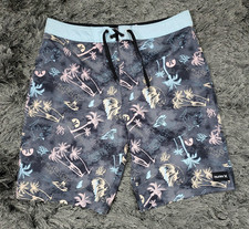 Hurley Board Shorts Boys 28 x 9 Black Blue Tropical Palm Shark Print Swim Trunks