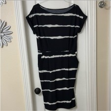 Shein black white wavy striped midi dress pockets cuff sleeve size XL