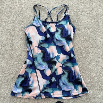 Gaiam Tank Top Womens Small Blue Pink Abstract Watercolor Strappy Shelf Bra Yoga
