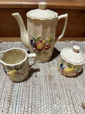 Royal Sealy 50s Japanese Tea Set Plum & Pear Motif Teapot, Sugar, & Creamer