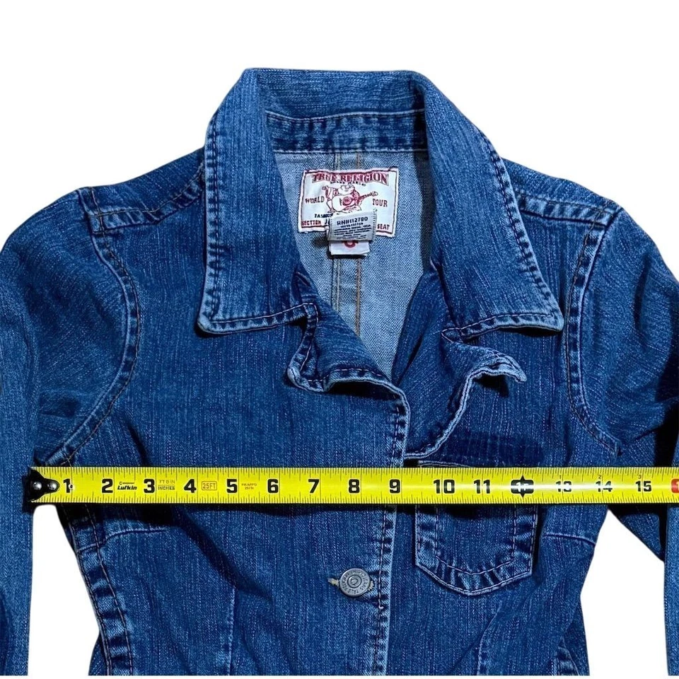 True Religion 女式 Y2K 蓝色牛仔夹克 S 码刺绣 Jackie 90 年代 — 第 4/4 张图片