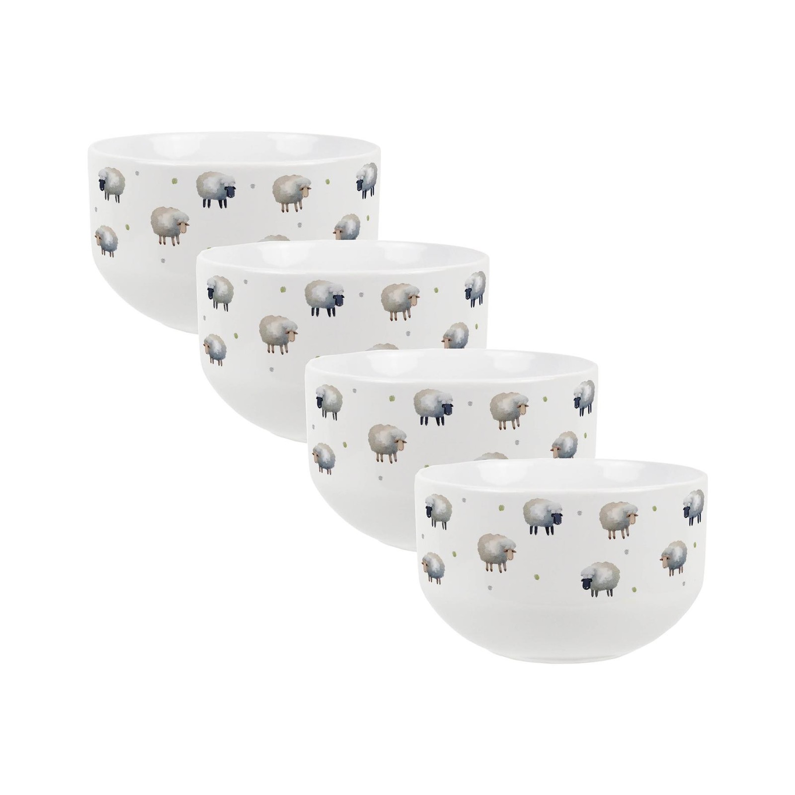 Spring Sheep Large Cereal Bowl Set - 4x Ceramic Countryside Serving Bowls