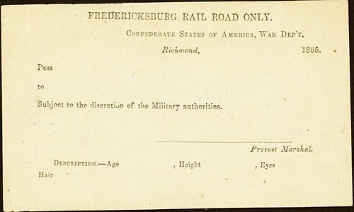 VA FREDERICKSBURG RailRoad Pass 1865 CSA War Dept Confederate Civil War Richmond
