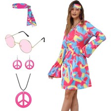 60s 70s Women's Hippie Costume Dress Floral Disco Retro Outfit Dress Cosplay