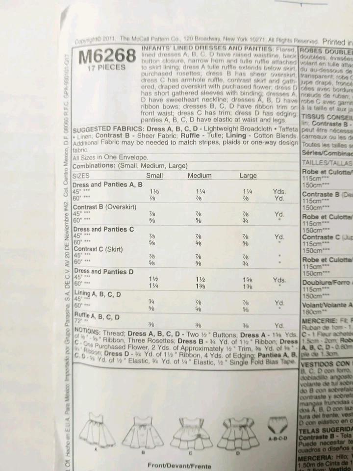6268 McCalls Sewing Pattern. Infants Lined Dress And Panties. Size Sm, Med, Lg - Image 2 of 3