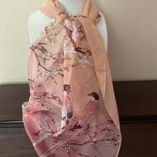 Pink and Peach Semi Sheer Scarf w/ Birds Flower Blossoms On Branches