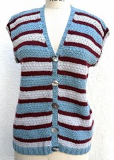 Vintage 60s Hand Knit Striped Cardigan Sweater Vest Blue Gray Burgundy Sz Medium