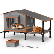 Gray  Orange Heated Outdoor Cat House with Covered Terrace  Dual Exits