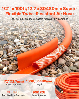VEVOR Air Hose, 1/2'' x 100FT Hybrid Air Compressor Hose, 300 PSI Kink-Resistant