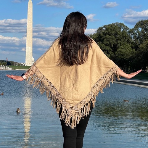 ANDEAN ALPACA BABY ALPACA HANDMADE WOMEN BEIGE TRIANGLE SHAWL CAPE M - Picture 2 of 9