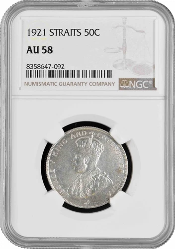 Straits Settlements 50 Cent 1921, NGC AU58, "King George V (1911 - 1935)"