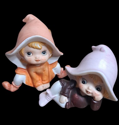 Vintage Pixie Figurines 4.5'' Pair Handpainted Ceramic Bisque 1980s As Is