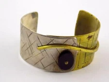 Vintage Sterling Silver and Brass Black Onyx Wide Cuff Bracelet 6.75 In V GOOD