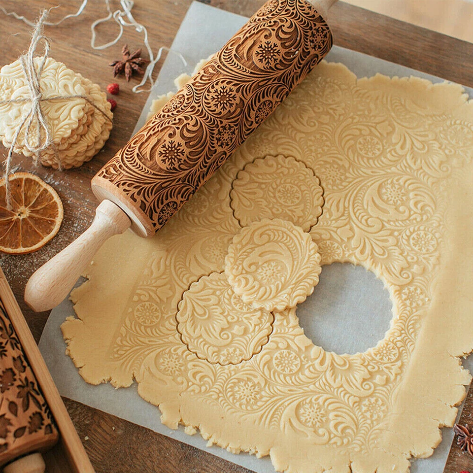 Christmas Embossing Rolling Pin Engraved Rolling Pin Wooden Embossed Rolling Pin - Image 4 of 4