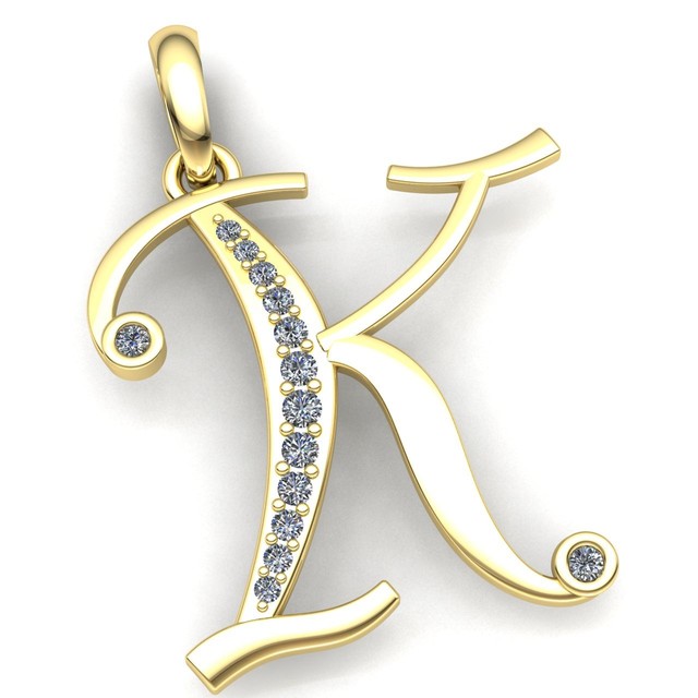 Genuine 0.2ct Round Cut Diamond Ladies Initial Alphabet 'K' Pendant 10K