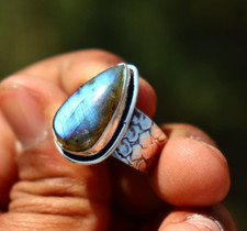 Wide Band Pears shape Labradorite Gemstone Ring handmade 925 silver ring