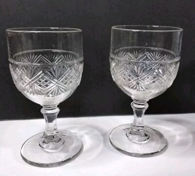 Antique EAPG Bryce Walker water wine Goblet 10oz 3 seam mould fan diamond 2 pcs