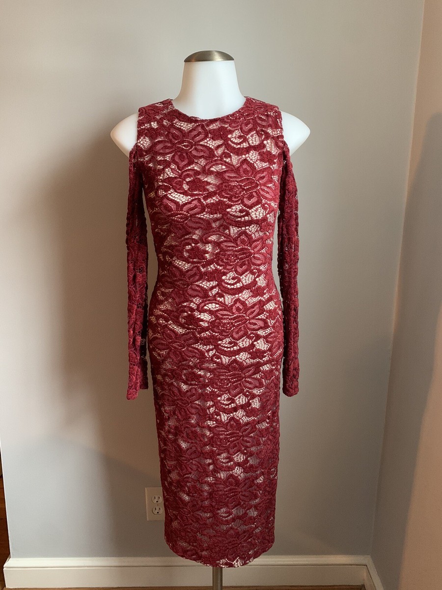 Women's Alice + Olivia Burgundy Nude Lace MIDI Dress Cold Shoulder Long  Sleeve 0 | eBay